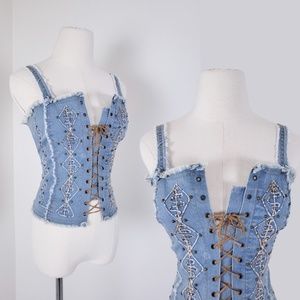 Vintage denim lace-up cropped camisole tank top denim embroidered embroidery